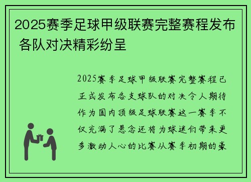 2025赛季足球甲级联赛完整赛程发布 各队对决精彩纷呈