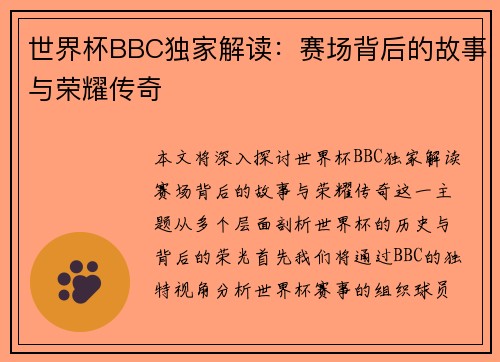 世界杯BBC独家解读：赛场背后的故事与荣耀传奇
